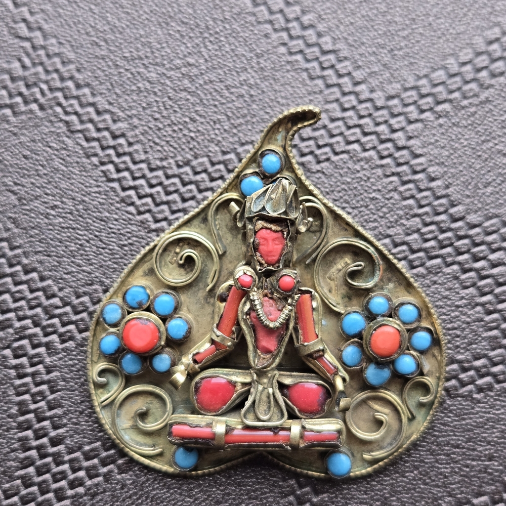​Rare Vintage Tibetan Deity Brooch with Natural Turquoise & Coral